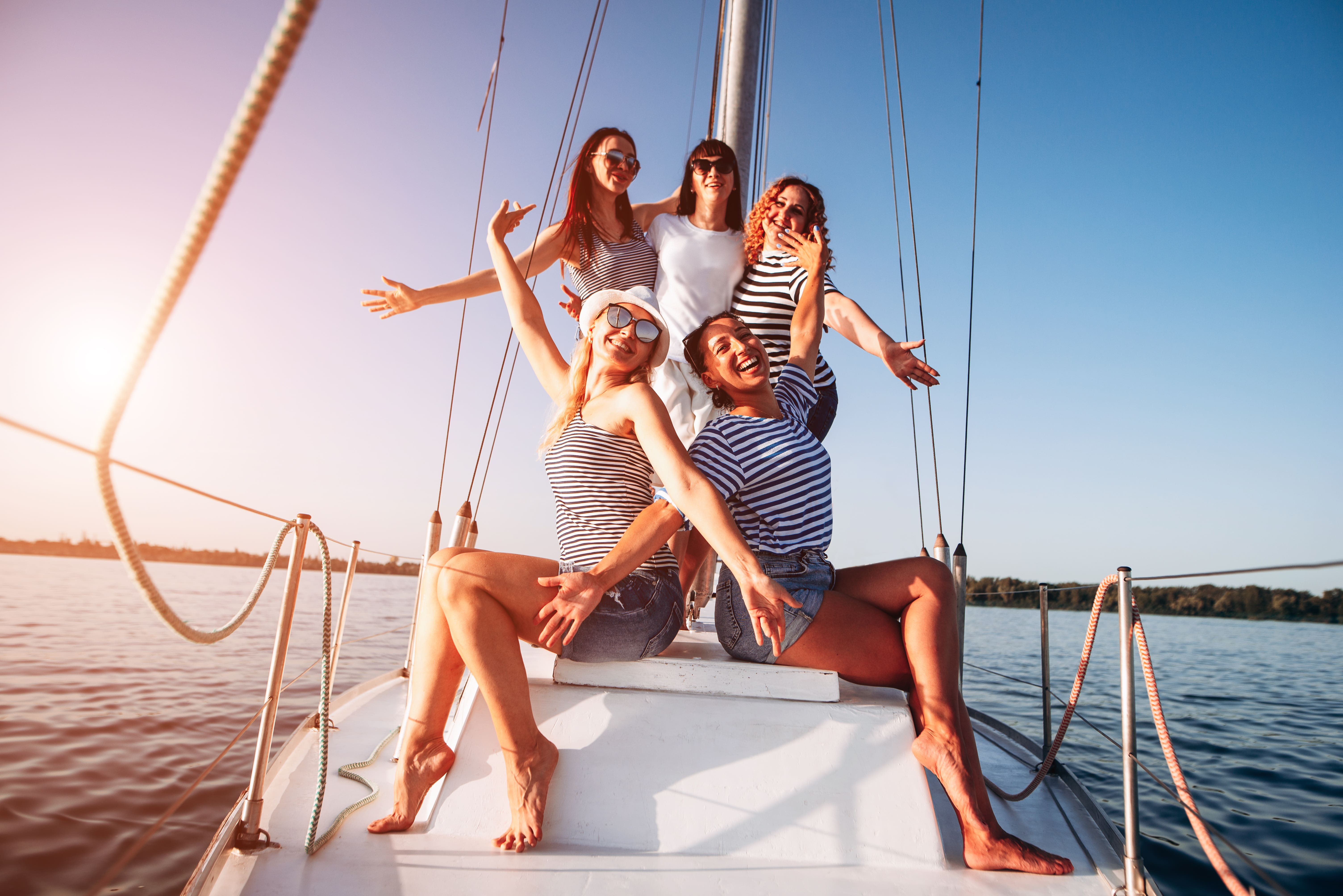 Bachelorette party group sailing on a yacht along the Miami coast