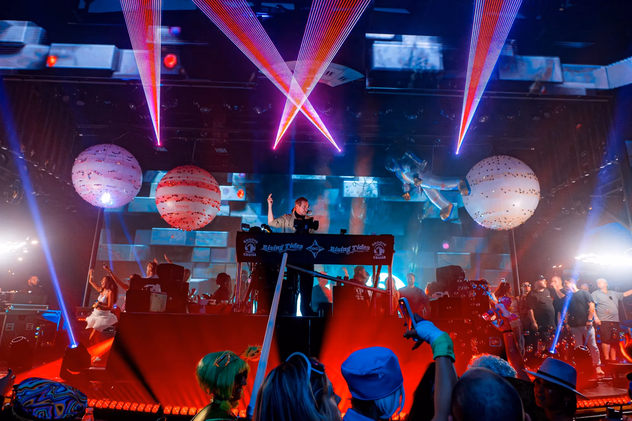 Diplo hyping up the crowd at the Higher Ground stage during Groove Cruise Miami 2024