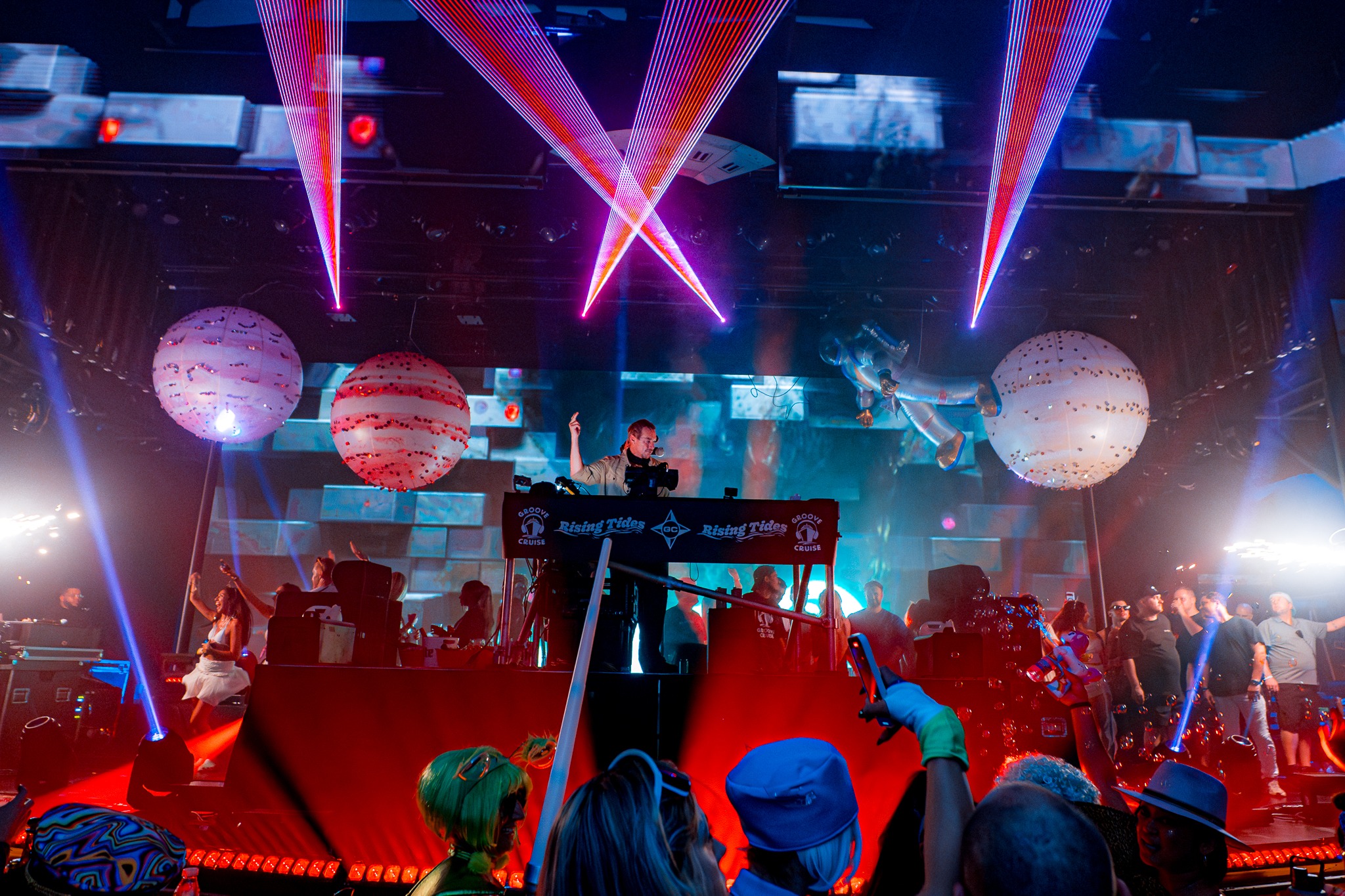 Diplo hyping up the crowd at the Higher Ground stage during Groove Cruise Miami 2024