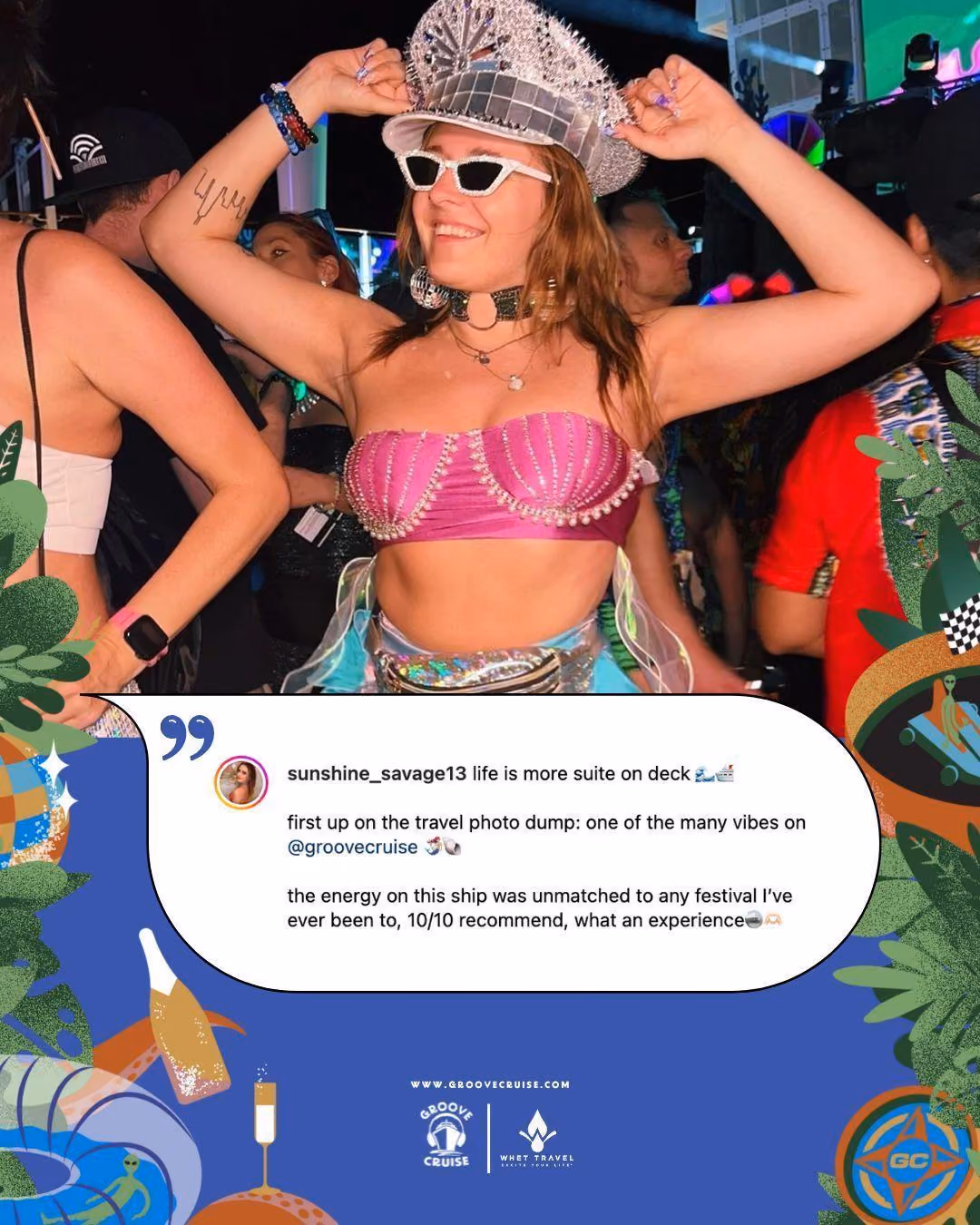 Solo traveler dressed in rave outfit on festival cruise