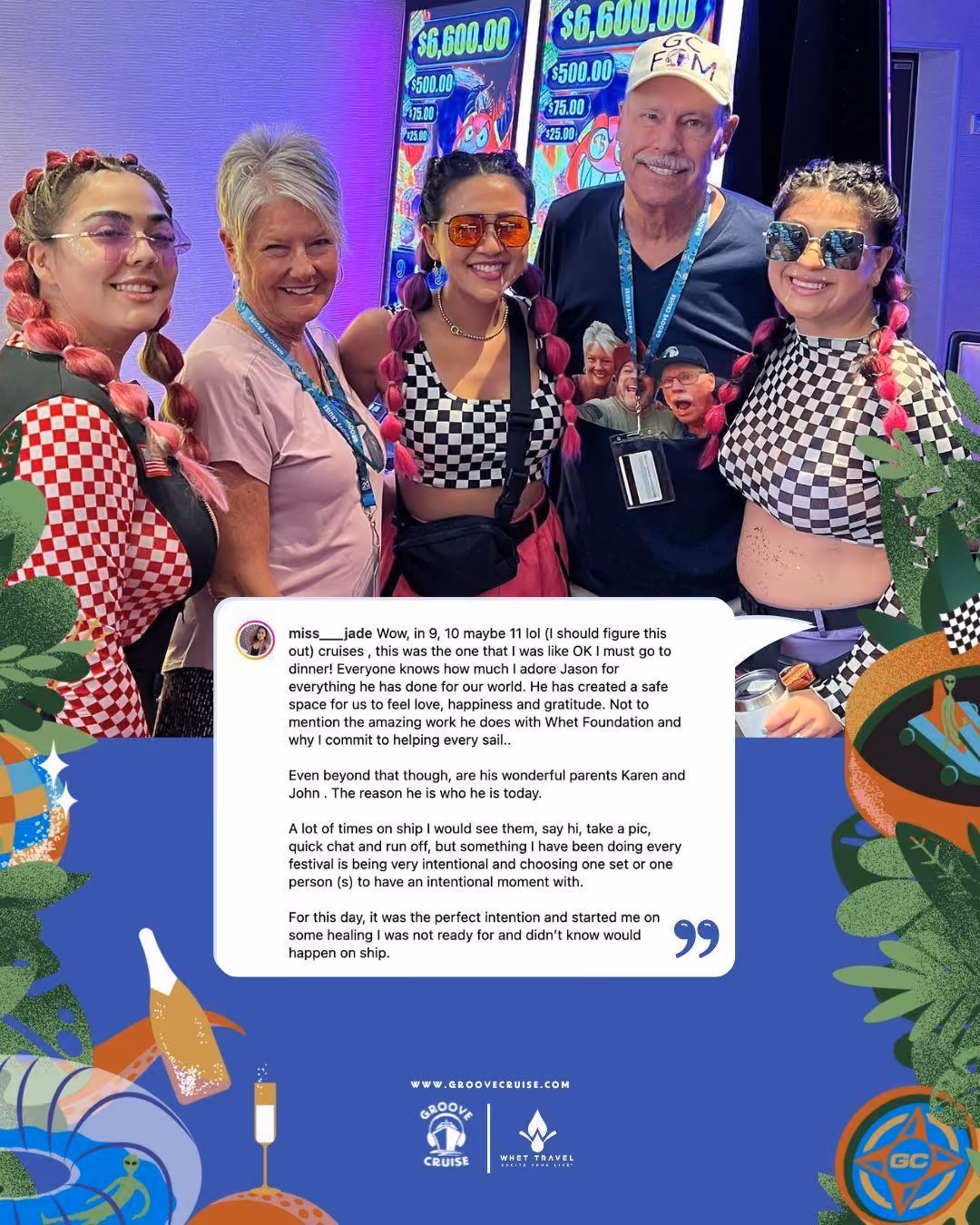 Friends in themed costumes at Groove Cruise Miami 2024