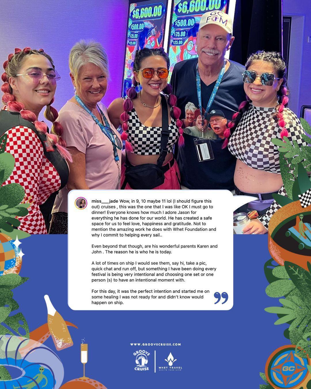 Friends in themed costumes at Groove Cruise Miami 2024