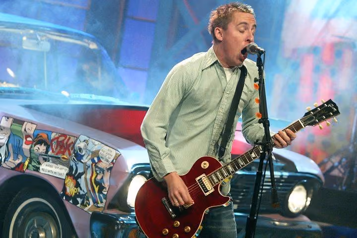Yellowcard performing in the music video for their pop-punk anthem Ocean Avenue
