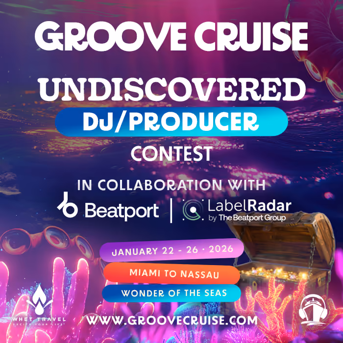 Graphic announcing Groove Cruise DJ competition partnership with Beatport and LabelRadar