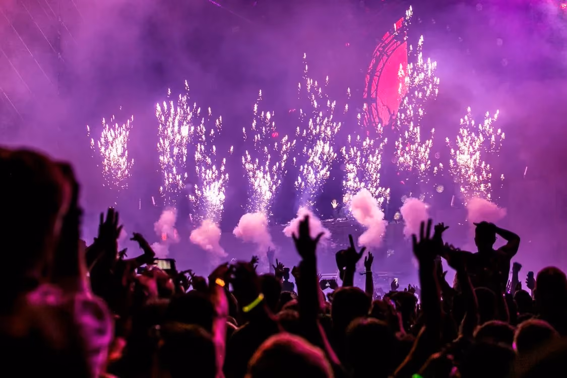 Crowd of excited festival goers at Ultra Music Festival Miami with pyrotechnics in the background