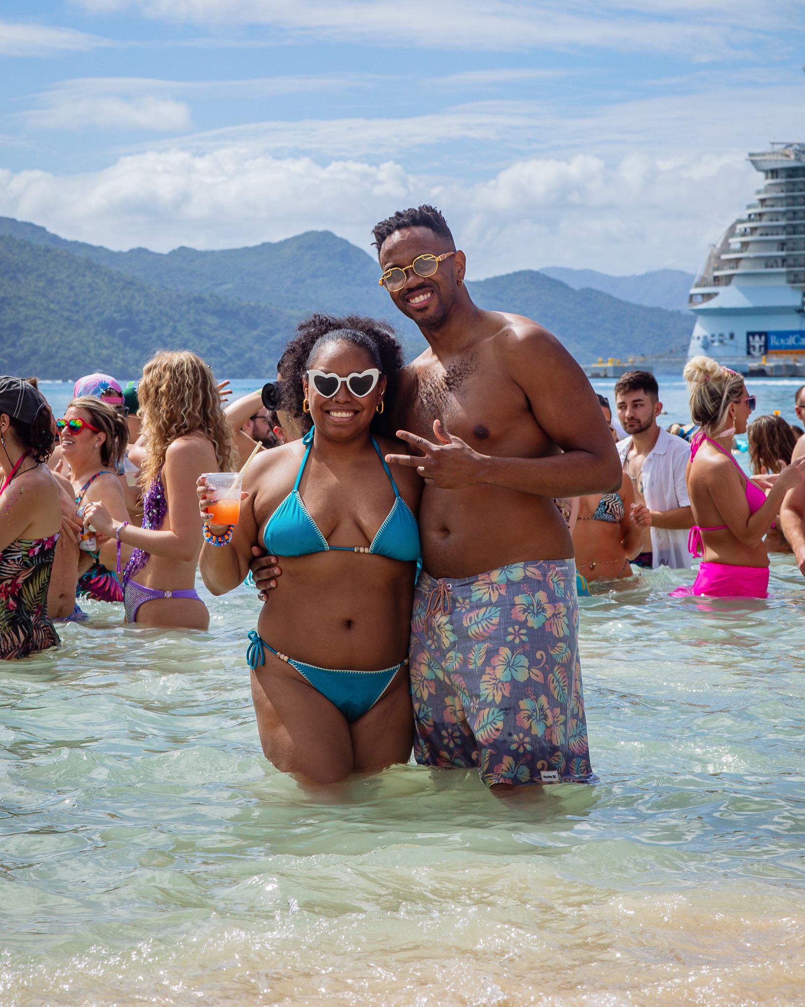 Couple celebrating their anniversary together at a beach party