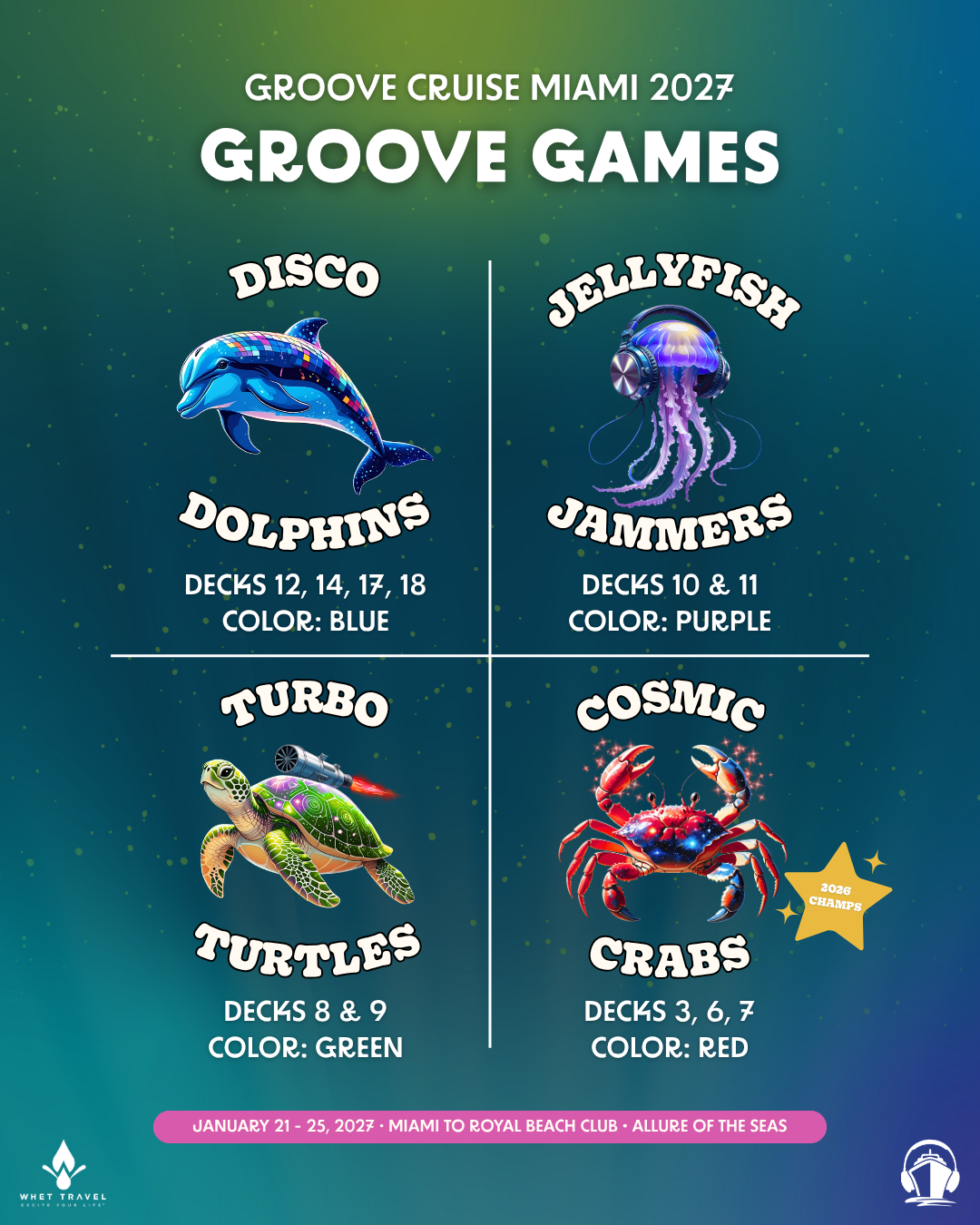Groove Cruise 2027 Groove Games team graphic featuring the Disco Dolphins, Jellyfish Jammers, Turbo Turtles and Cosmic Crabs
