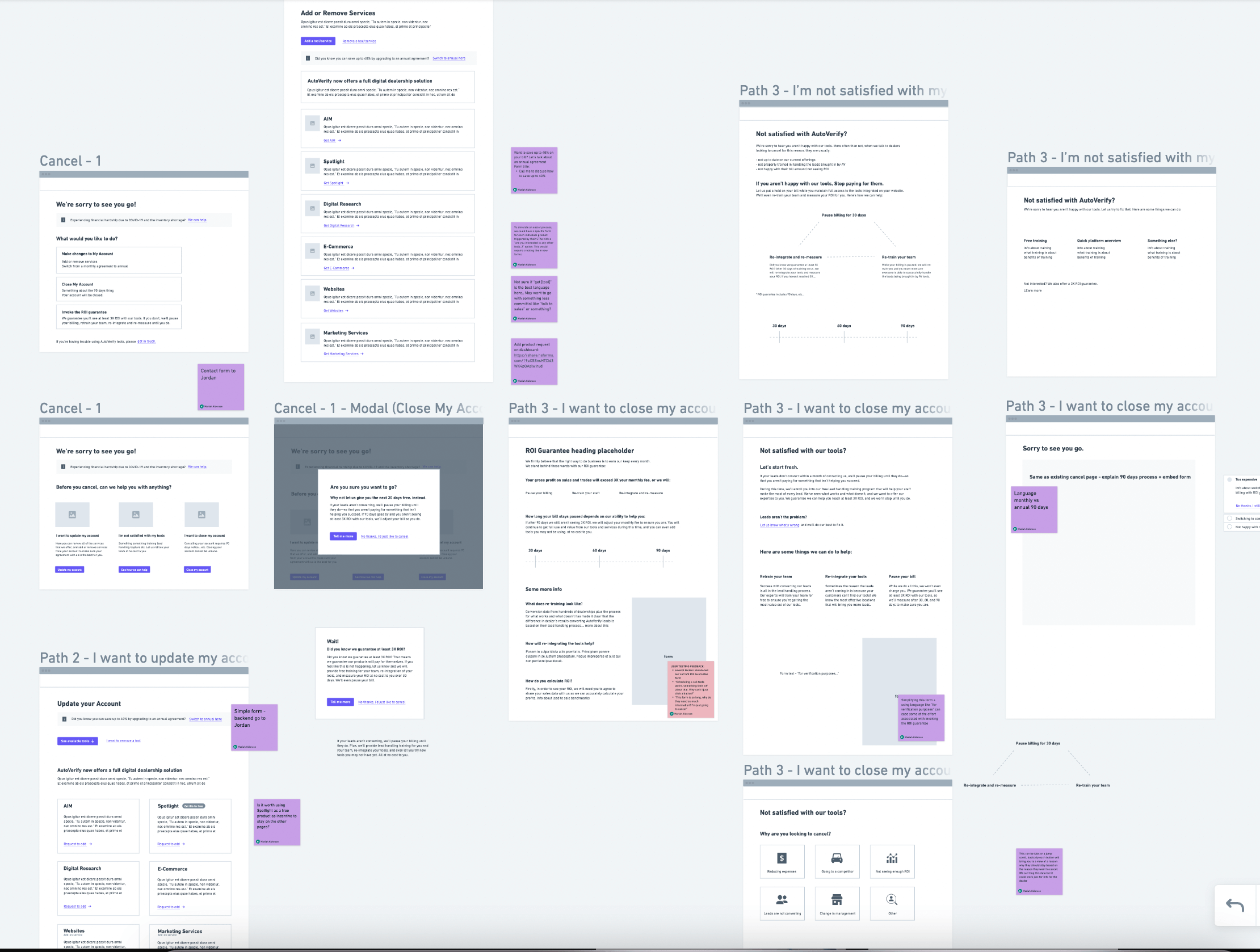 Wireframe iterations of Cancel Flow