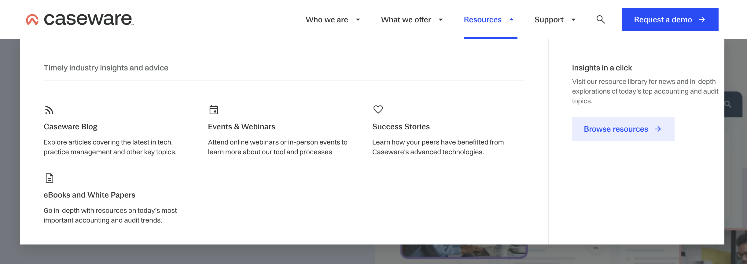 Screenshot of Caseware navigation designs: Resources menu dropdown