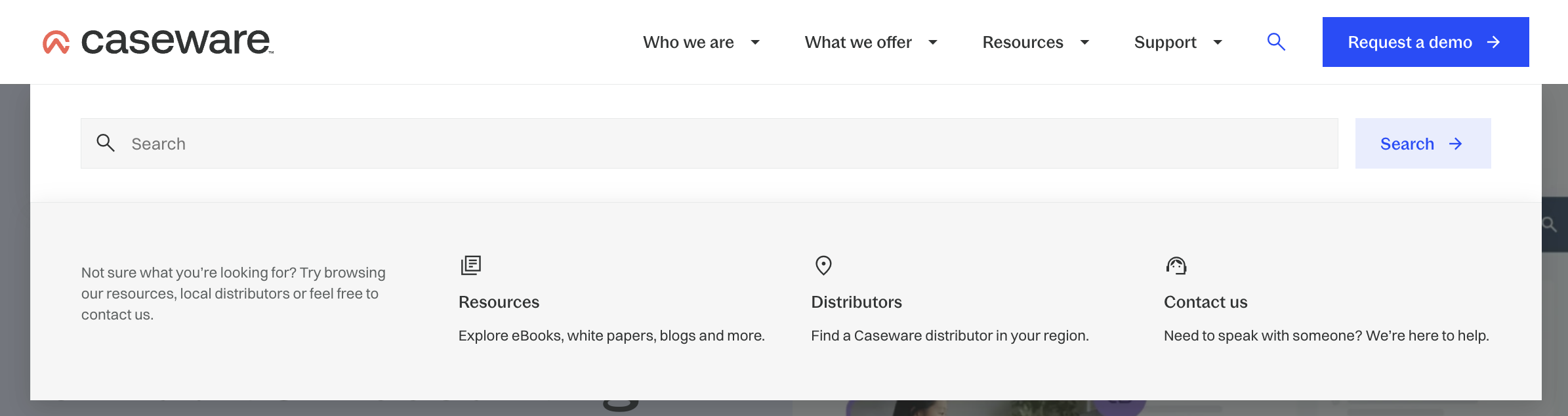 Screenshot of Caseware navigation designs: Search dropdown