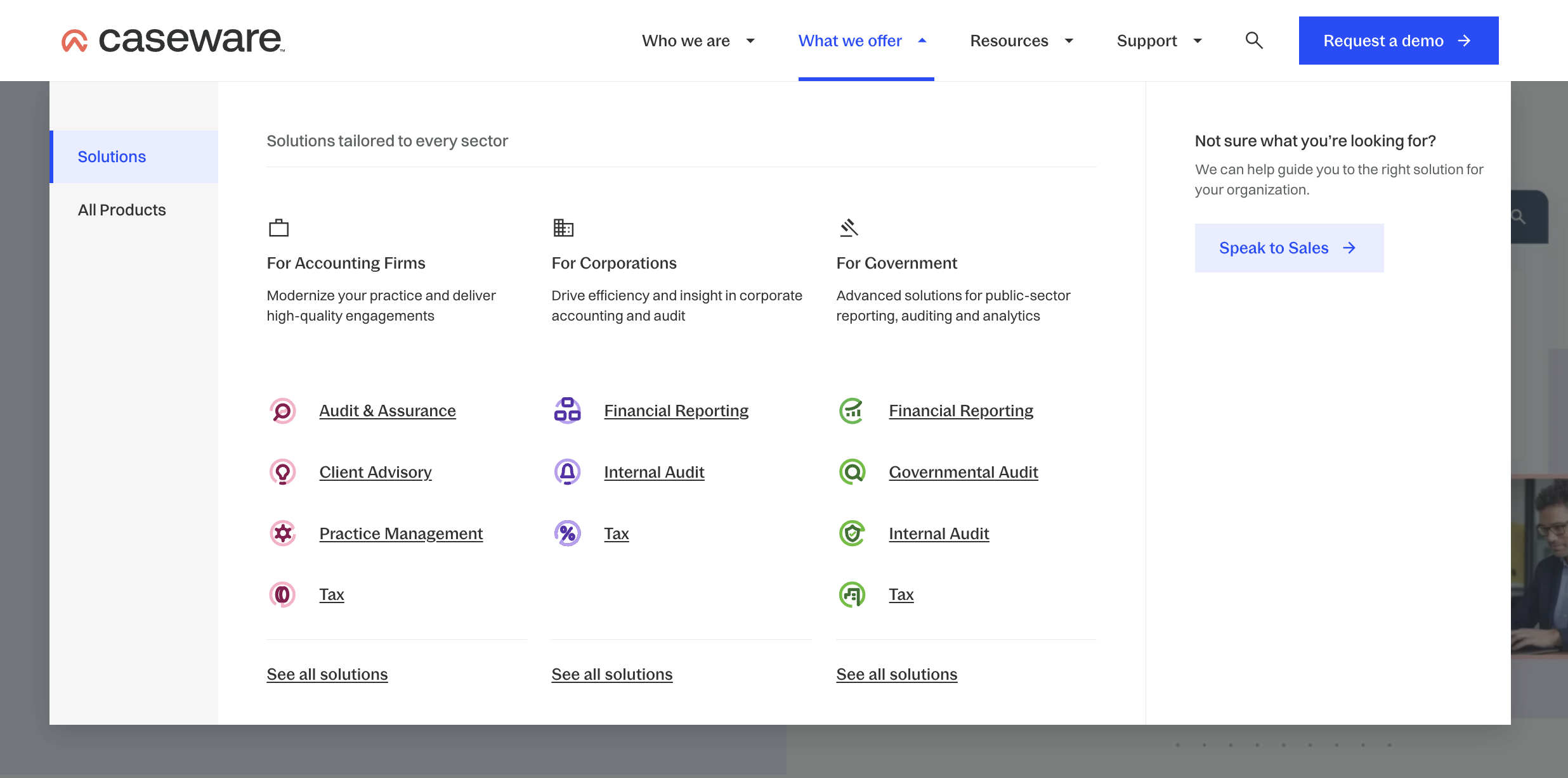 Screenshot of Caseware navigation designs: What we offer menu dropdown