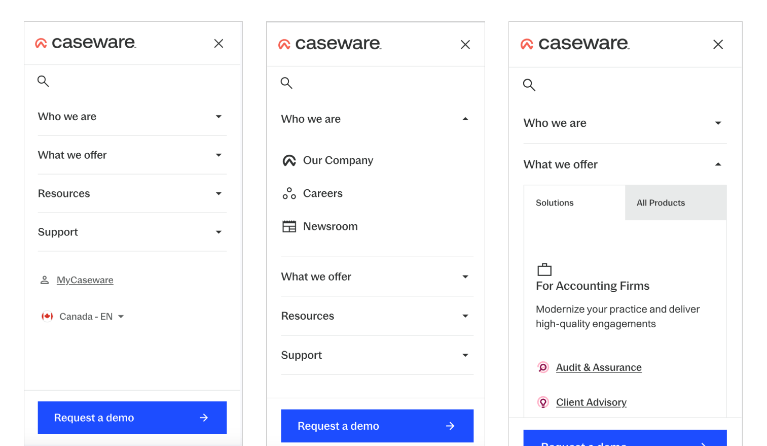 Screenshot of Caseware navigation designs: Support menu dropdown