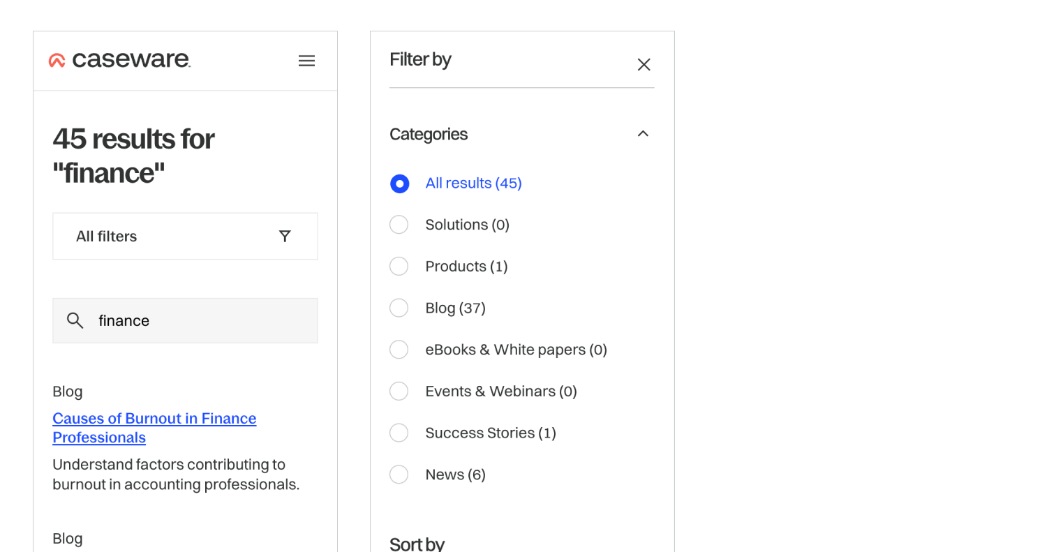 Screenshot of Caseware website Search results page