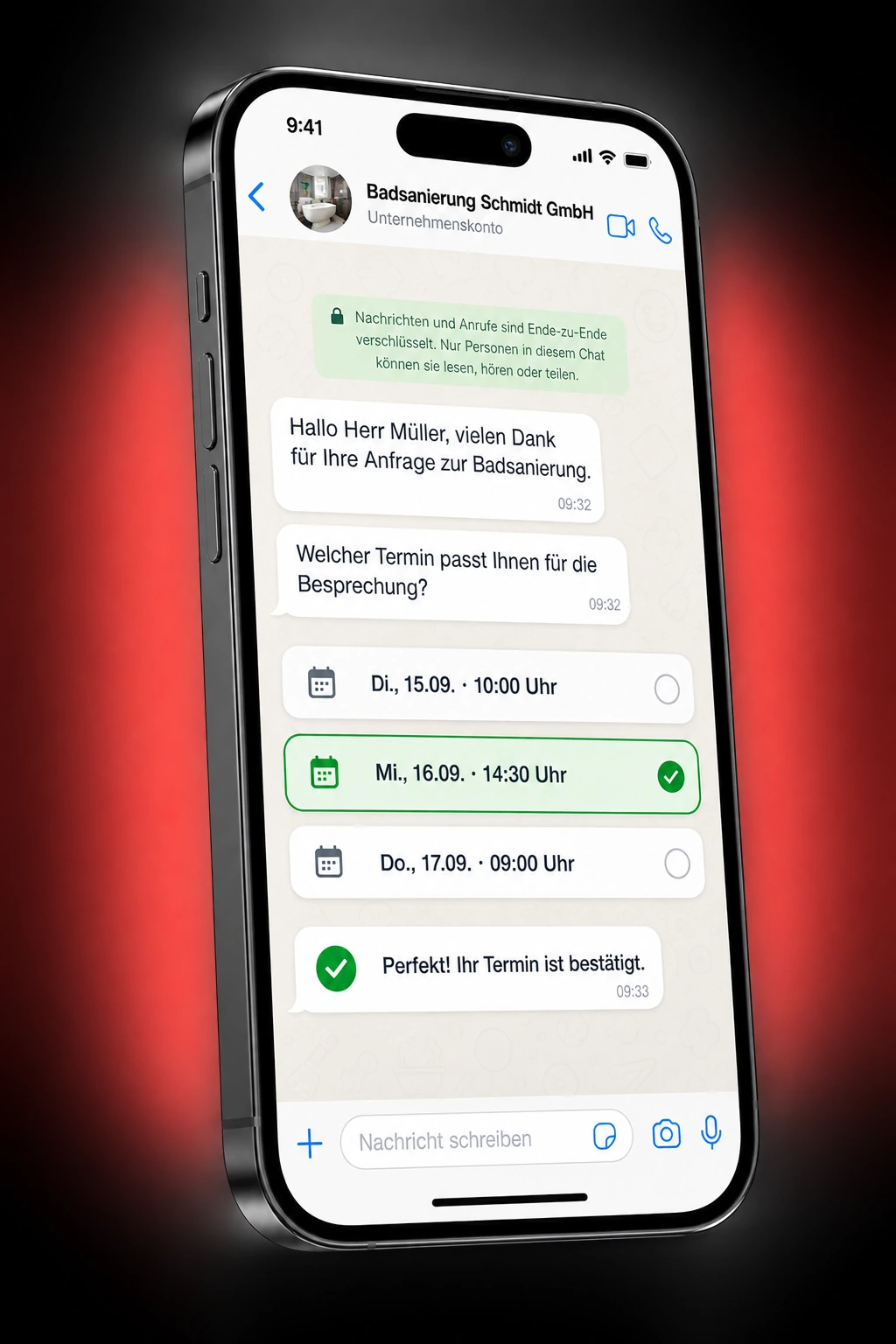 A&M Autopilot stimmt per WhatsApp einen Termin mit einem Hausbesitzer ab. Der Kunde wählt eine von drei Terminoptionen.