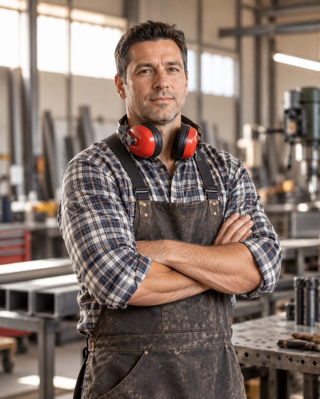 Metallbauer mit Gehörschutz in der Werkstatt