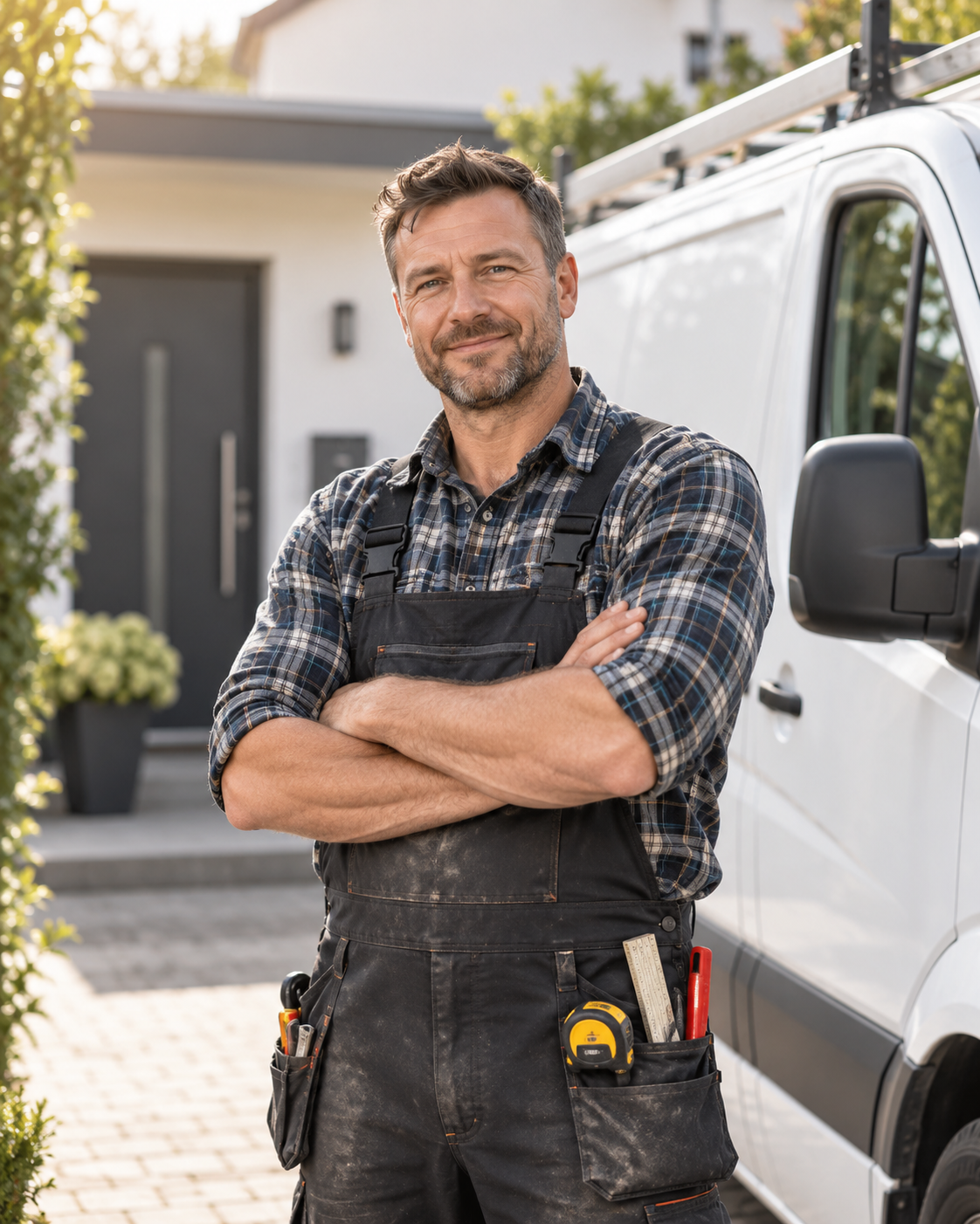 Handwerker mit Werkzeuggürtel auf der Baustelle