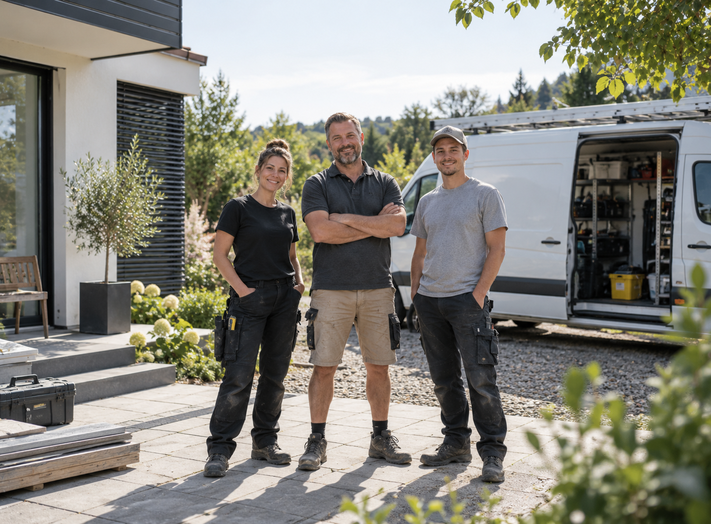 Handwerker mit Werkzeuggürtel auf der Baustelle