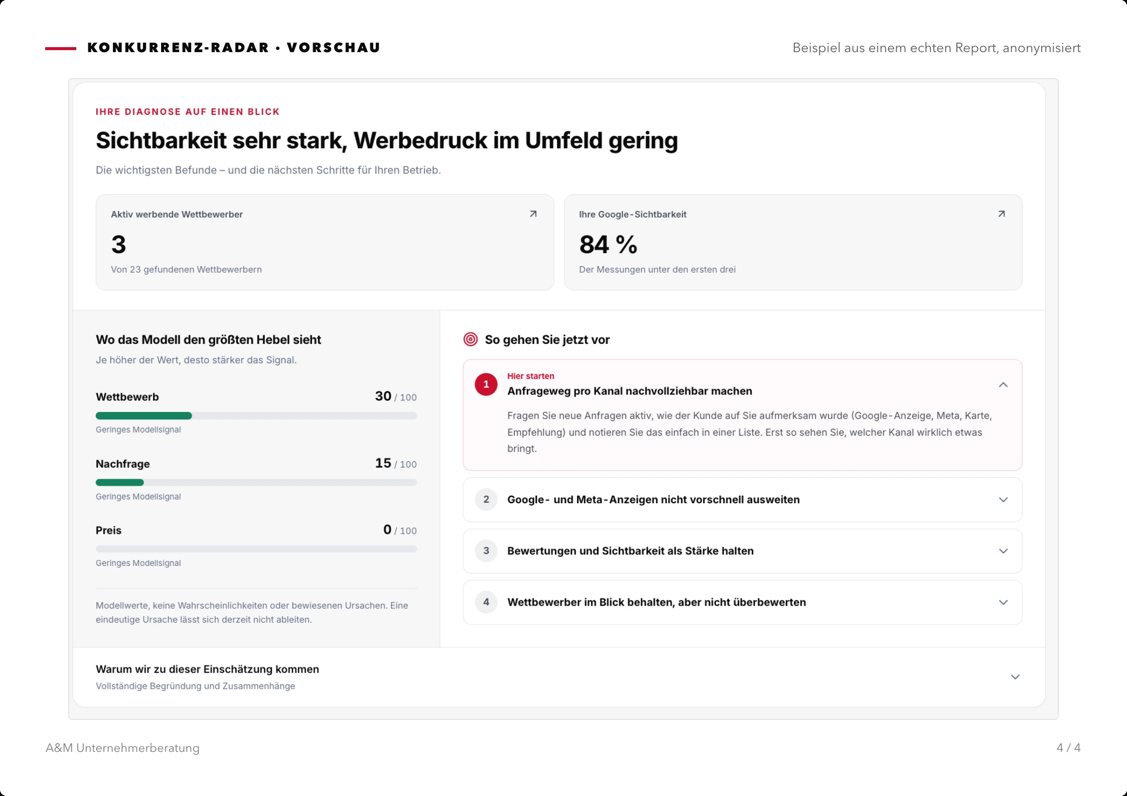 Beispiel-Report: Diagnose auf einen Blick mit Hebeln und priorisierten nächsten Schritten