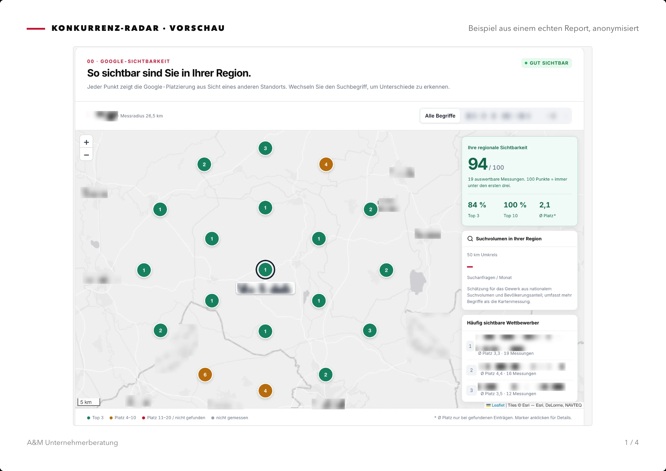 Beispiel-Report Seite 1: Google-Sichtbarkeit in der Region als Karte mit Platzierungen je Standort