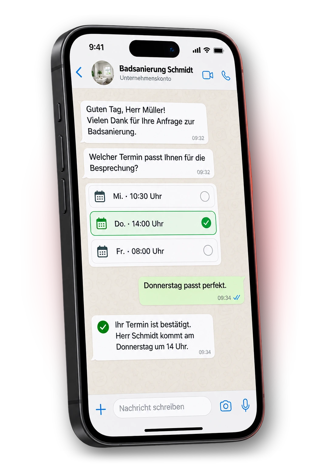 WhatsApp-Chat von Autopilot auf einem iPhone: Ein Hausbesitzer wählt Donnerstag, 14 Uhr, als Termin für seine Badsanierung und bekommt direkt die Bestätigung.