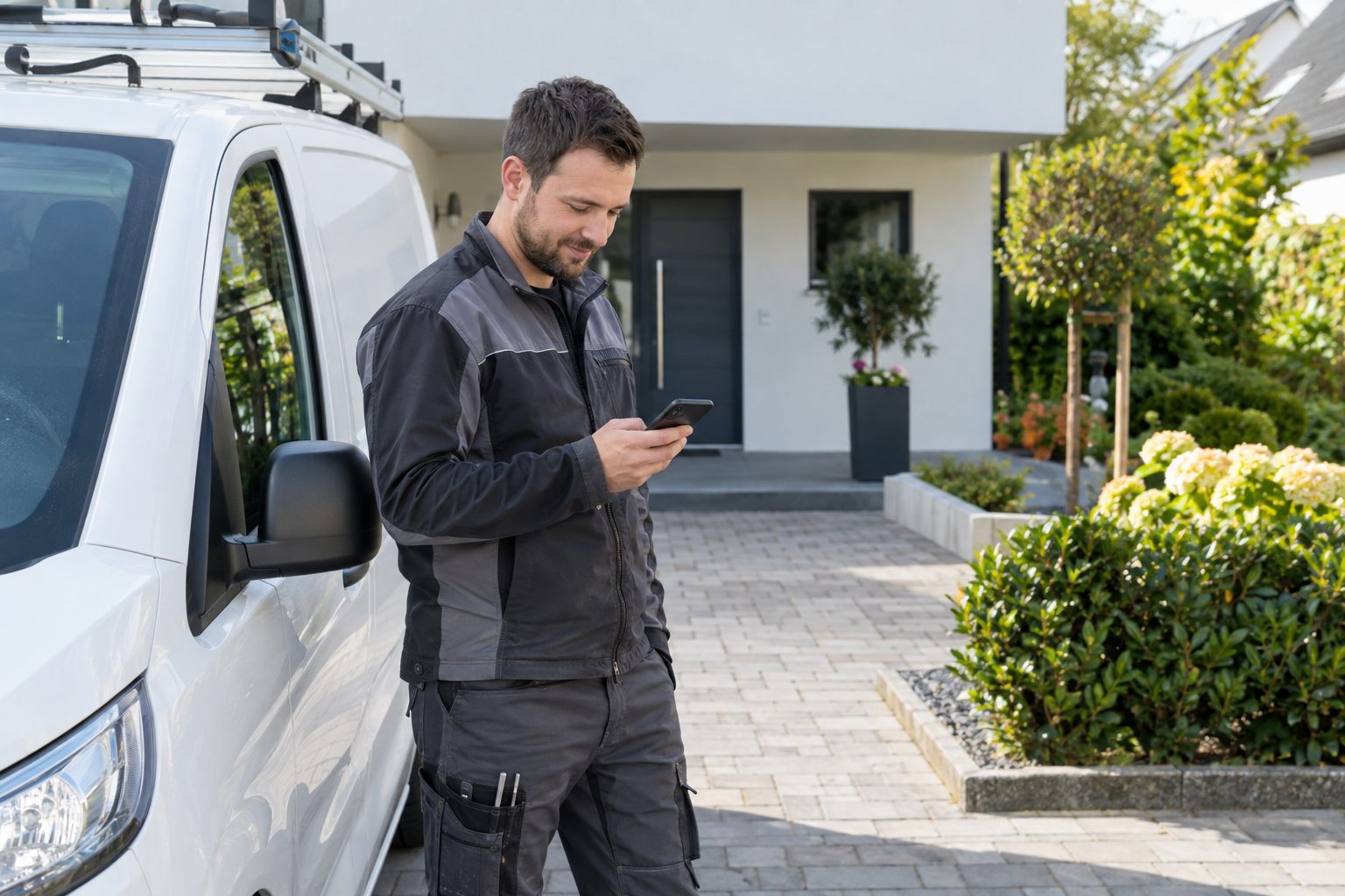 Handwerker steht vor seinem Transporter und schaut auf sein Smartphone