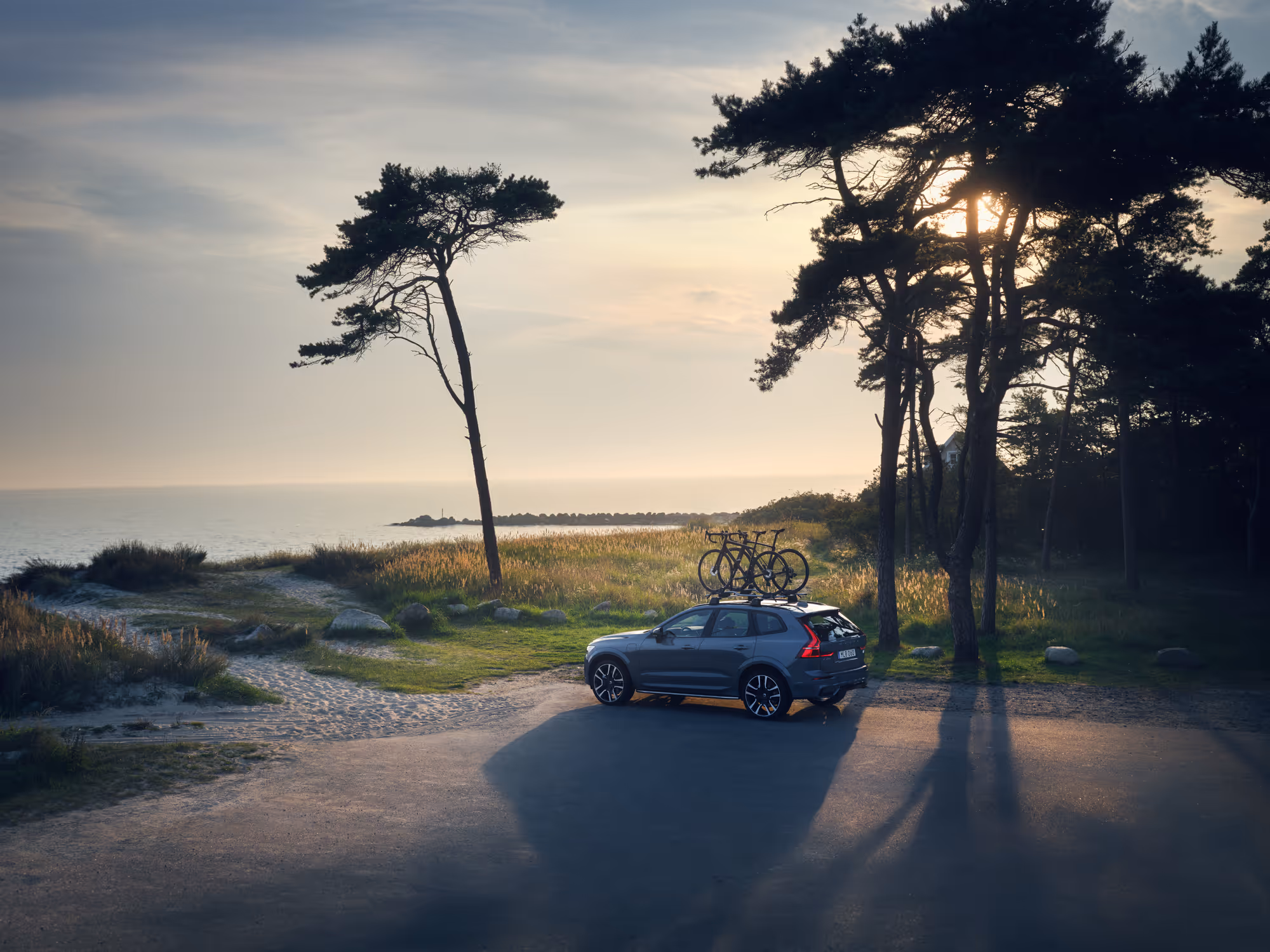 Gray Volvo parked near a coastal area with two bicycles mounted on its roof rack at sunset.