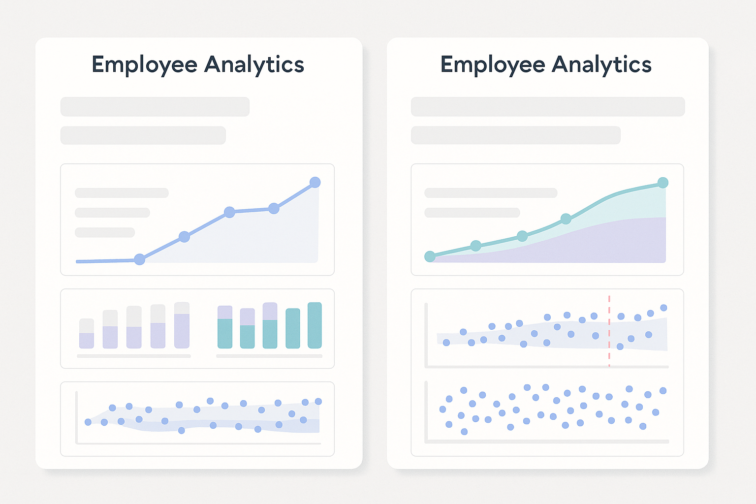 Side-by-side abstract dashboards contrasting raw activity metrics with benchmark-context overlays