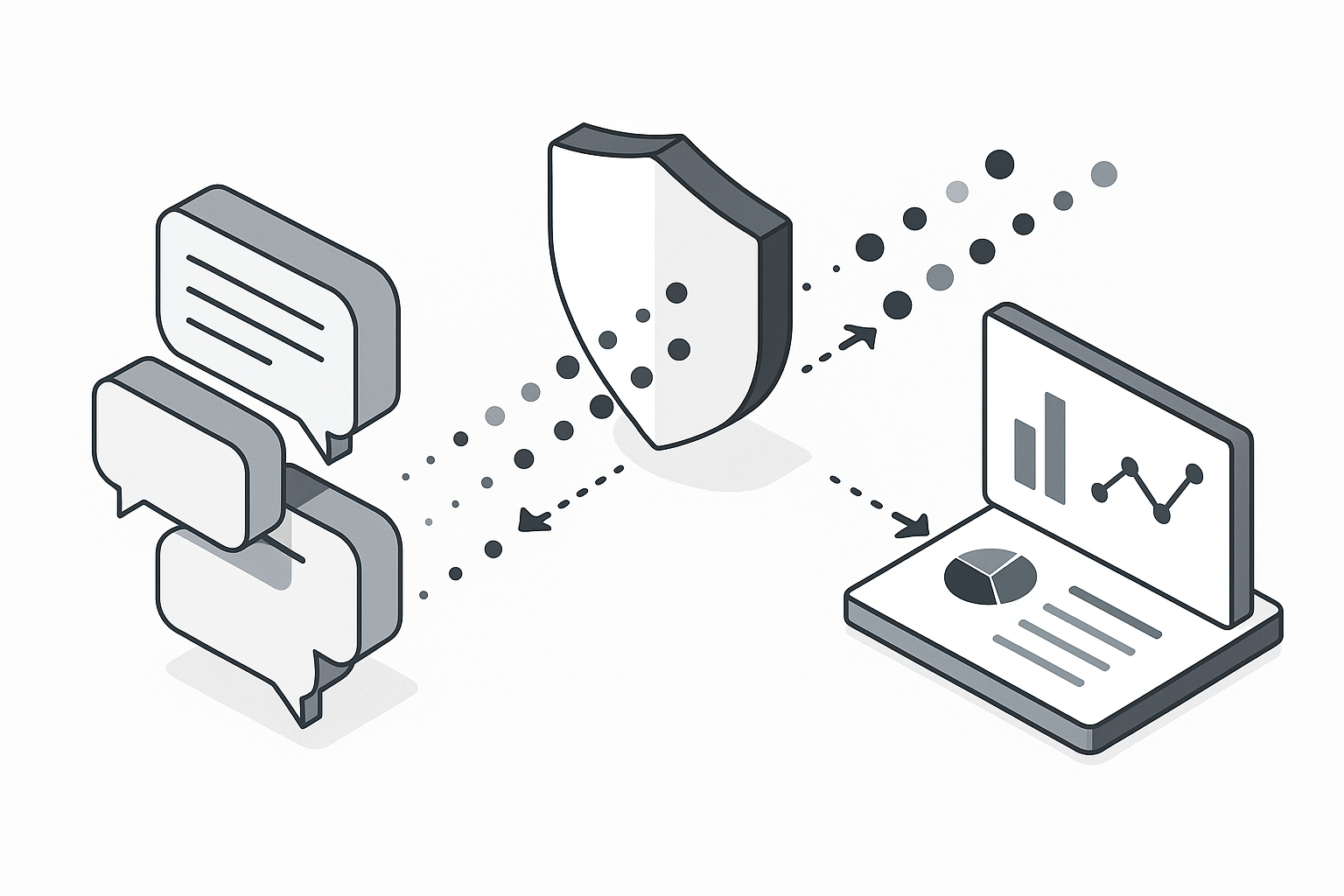 Diagram showing filtered metadata flowing from chat threads to analytics while message content stays hidden