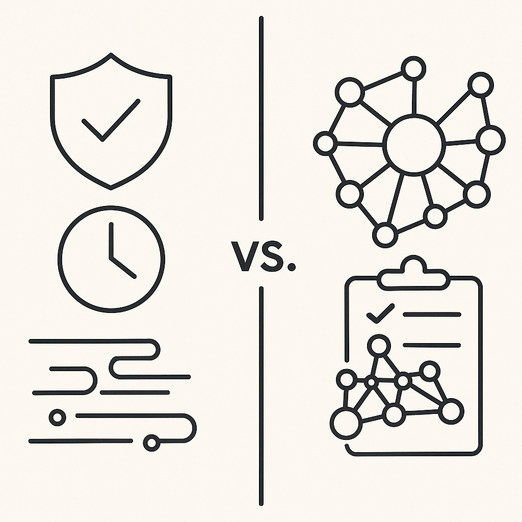 Split-screen graphic contrasts privacy-focused real-time analytics with visualization-and-survey approach