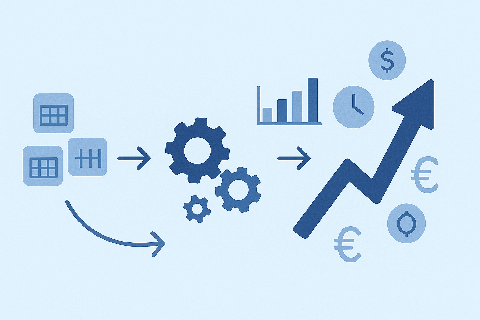 Flow diagram showing calendar data transforming into analytics metrics that drive upward ROI