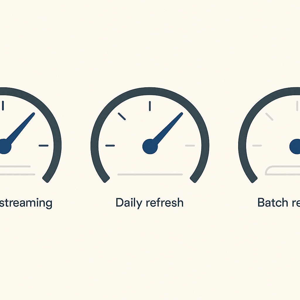 Side-by-side abstract gauges contrasting real-time, daily, and batch data refresh speeds