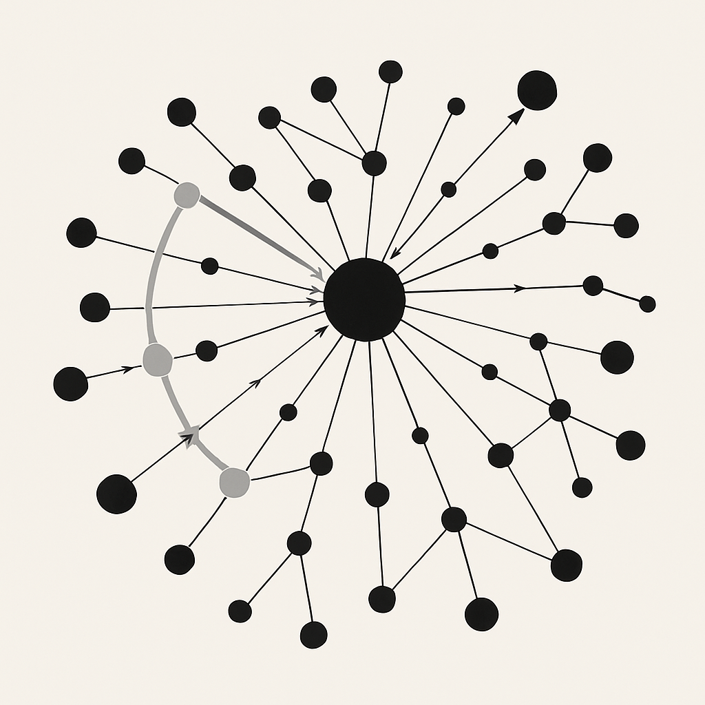 Abstract network diagram illustrating in-degree, out-degree, centrality and betweenness concepts