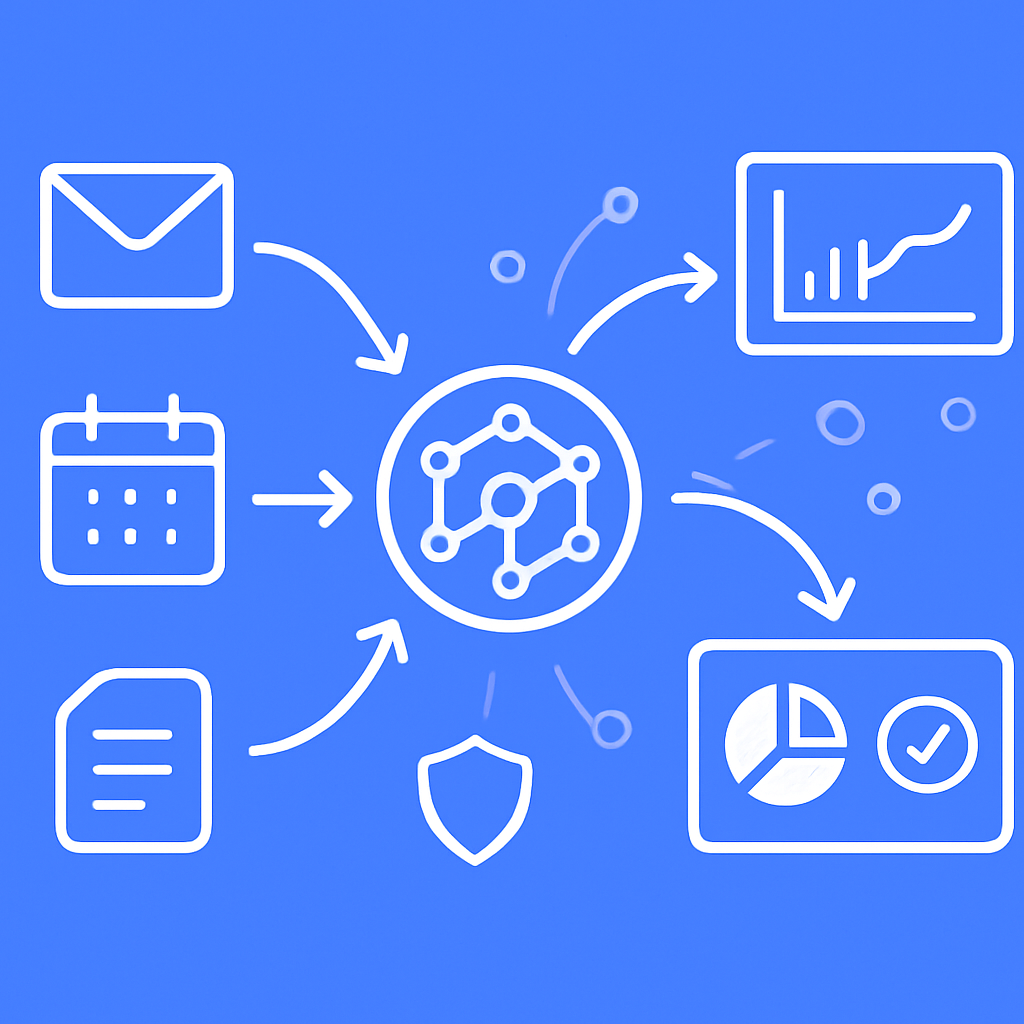 Flow diagram of Gmail, Calendar, Drive data flowing into an anonymized ONA engine and dashboards