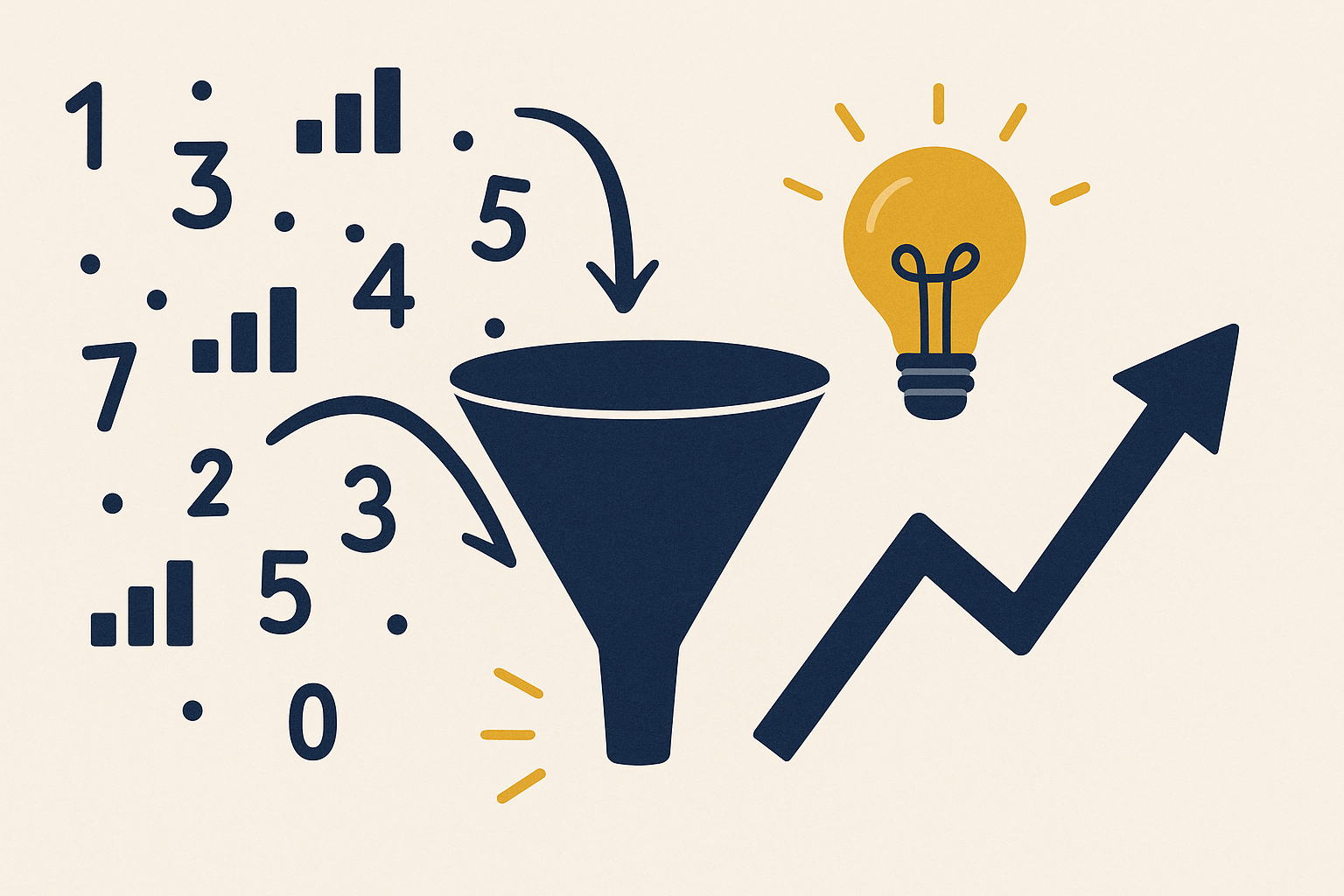 Funnel turning scattered numbers into an upward arrow and lightbulb, depicting raw metrics becoming actionable insights.