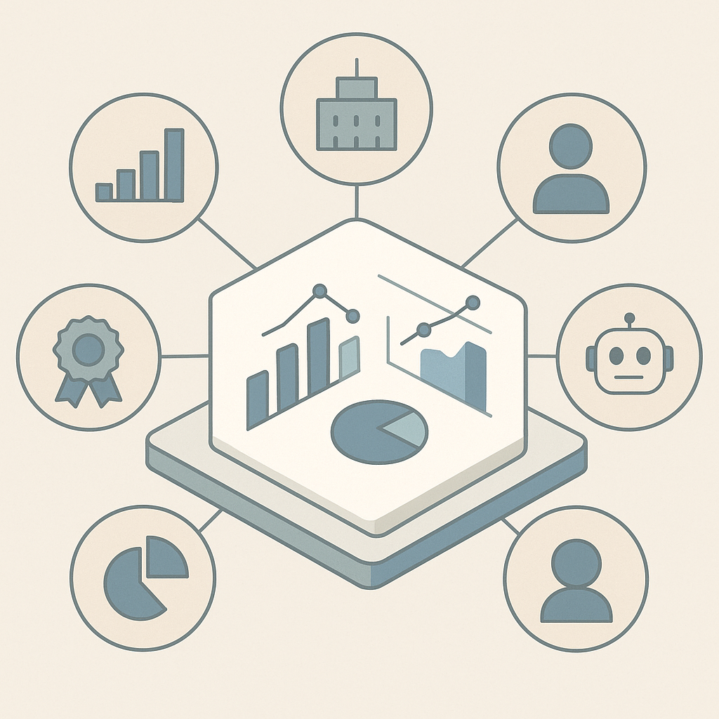 Abstract dashboard visualization with six surrounding metric icons illustrating comprehensive AI adoption tracking