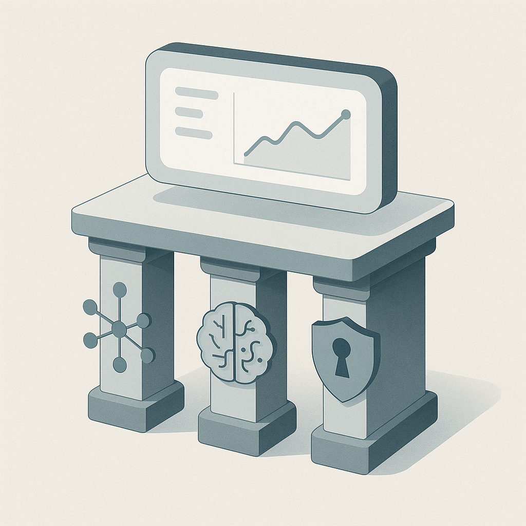 Three-pillar diagram representing integration, AI metrics, and privacy holding up a dashboard icon