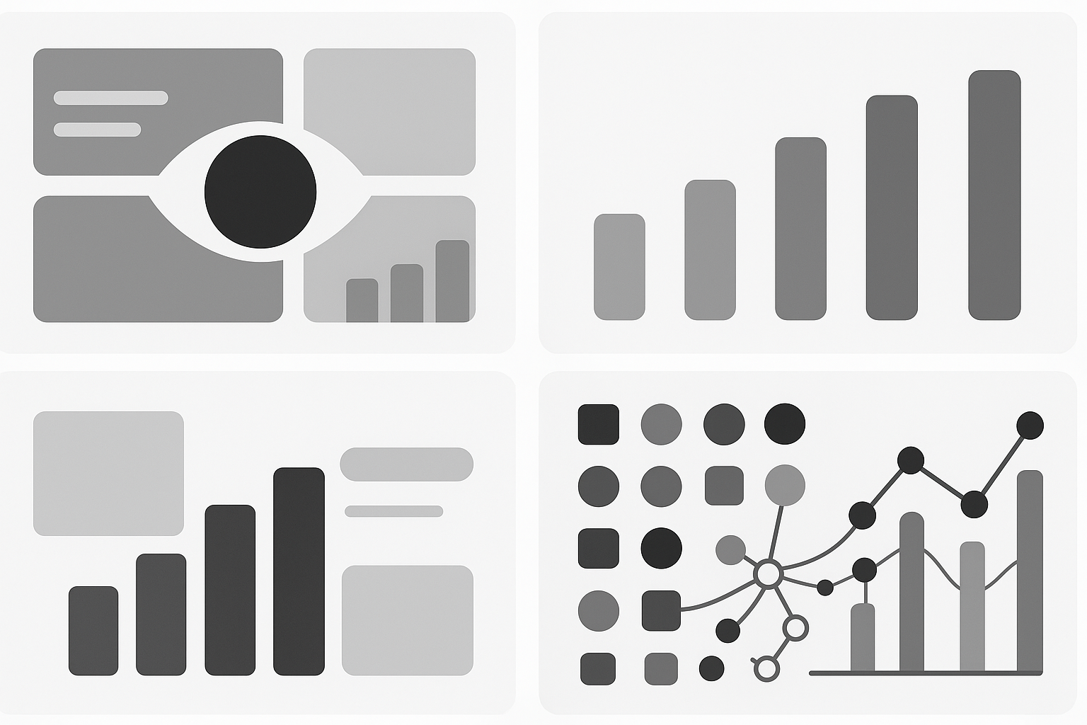 Four contrasting dashboard panels highlighting surveillance, HR focus, limited data, and full integration