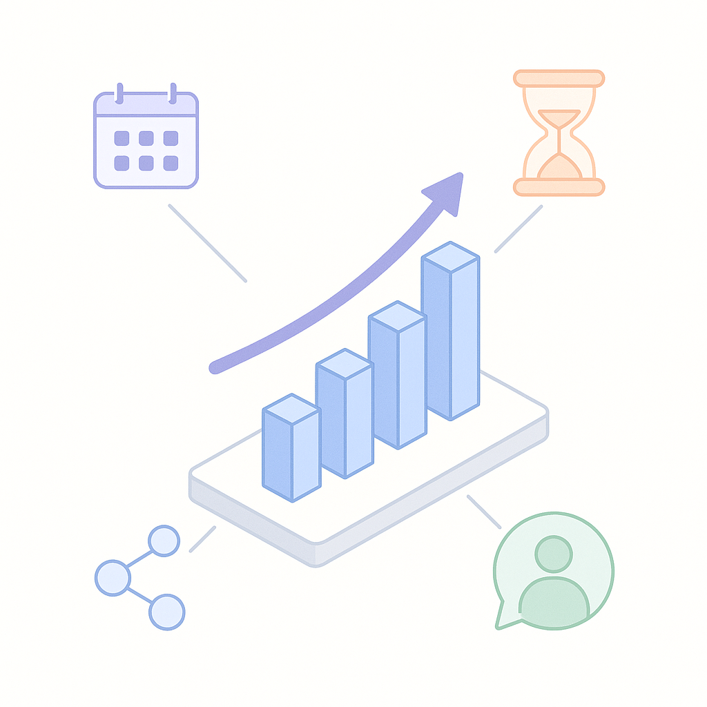 Isometric diagram linking four collaboration metric icons to a central productivity chart
