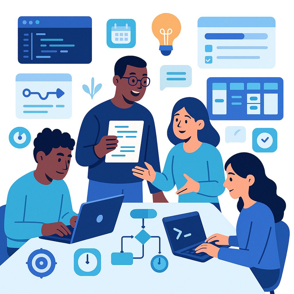 Illustration of a software engineering team working on laptops surrounded by code, workflow and calendar icons