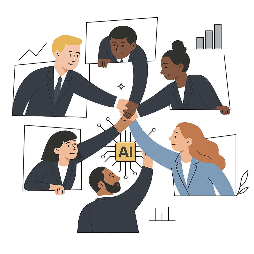 Illustration of a diverse team joining hands around an AI chip, representing AI-supported collaboration