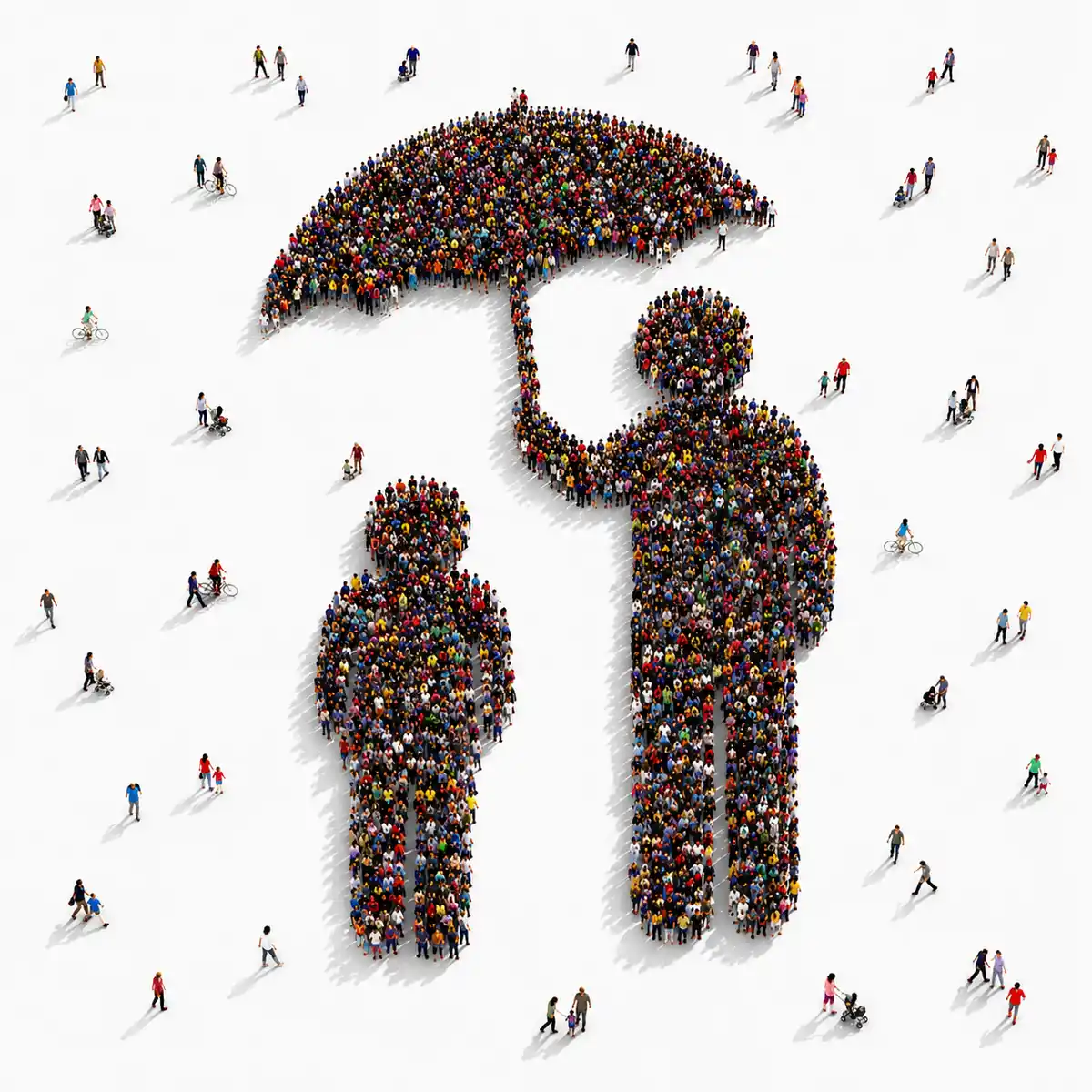 Foule de personnes formant des personnages. Illustration symbolique de la sécurité sociale