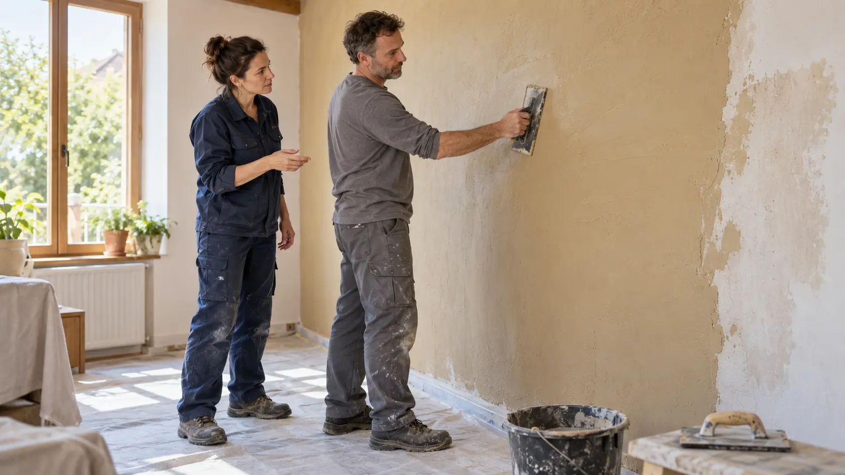 Une professionnelle accompagne un particulier dans l’application d’un enduit mural.