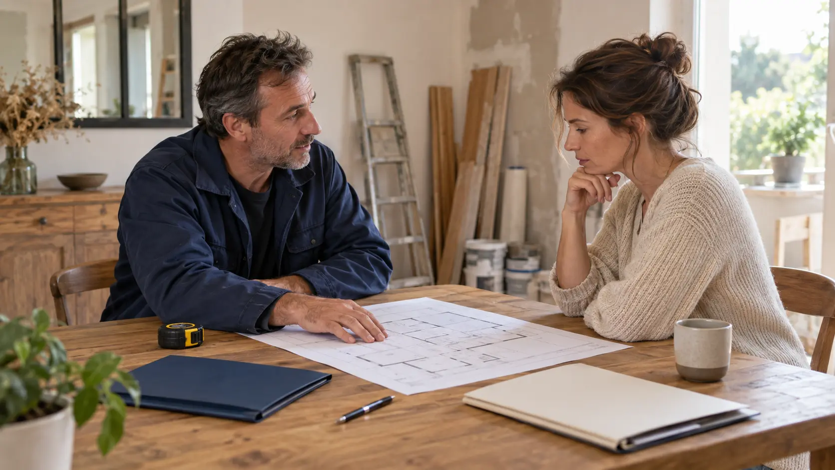 Un professionnel et une propriétaire examinent les plans d’un projet de rénovation.