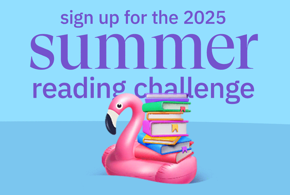 Illustration of a pink flamingo pool toy floating up and down in blue waters with books piled high on its back. Behind it a title reads "Sign up for the 2025 summer reading challenged: Starts July 15"