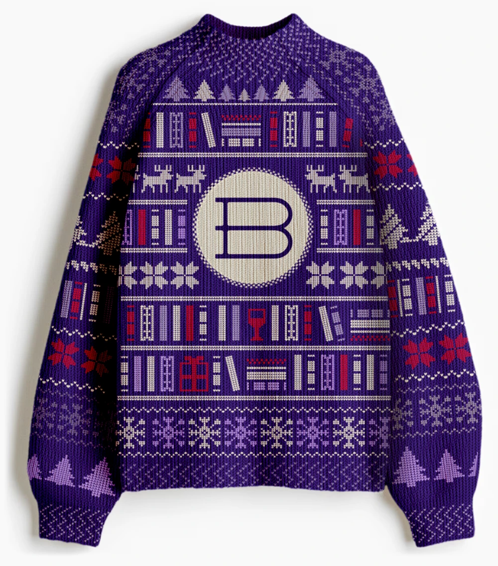 A purple Holiday sweater emblazon with books and holiday decor, with the Bookshop.org logo in the center