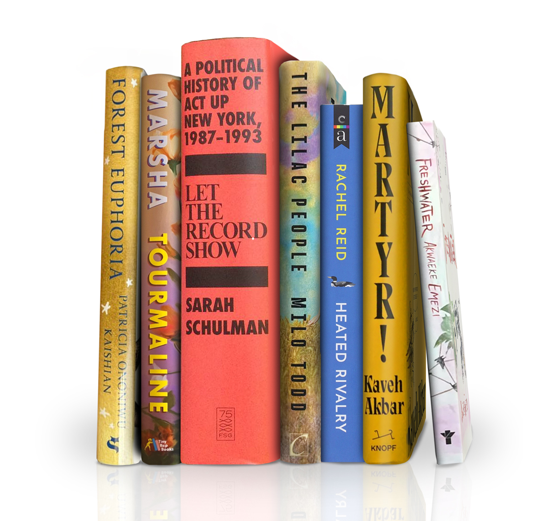 A stack of books curated for Pride Month
