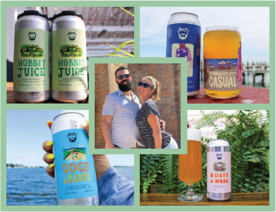 Collage of images showing beers and the owners of Beer'd Brewing