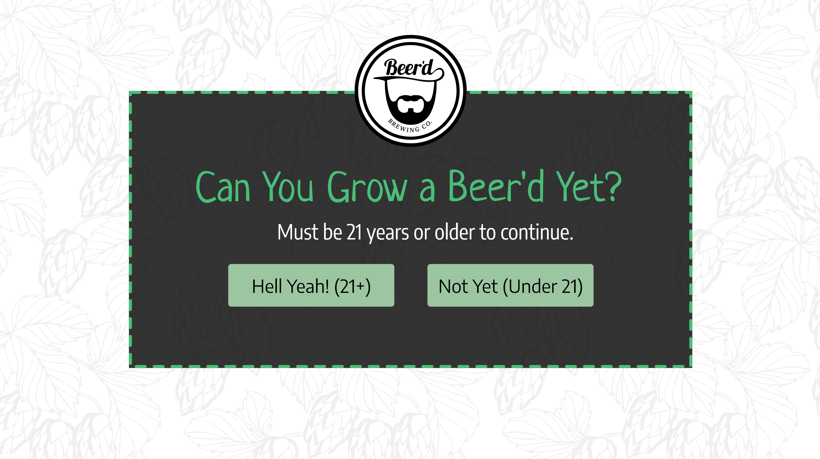 Pop-up age verification page for the Beer'd Brewing website