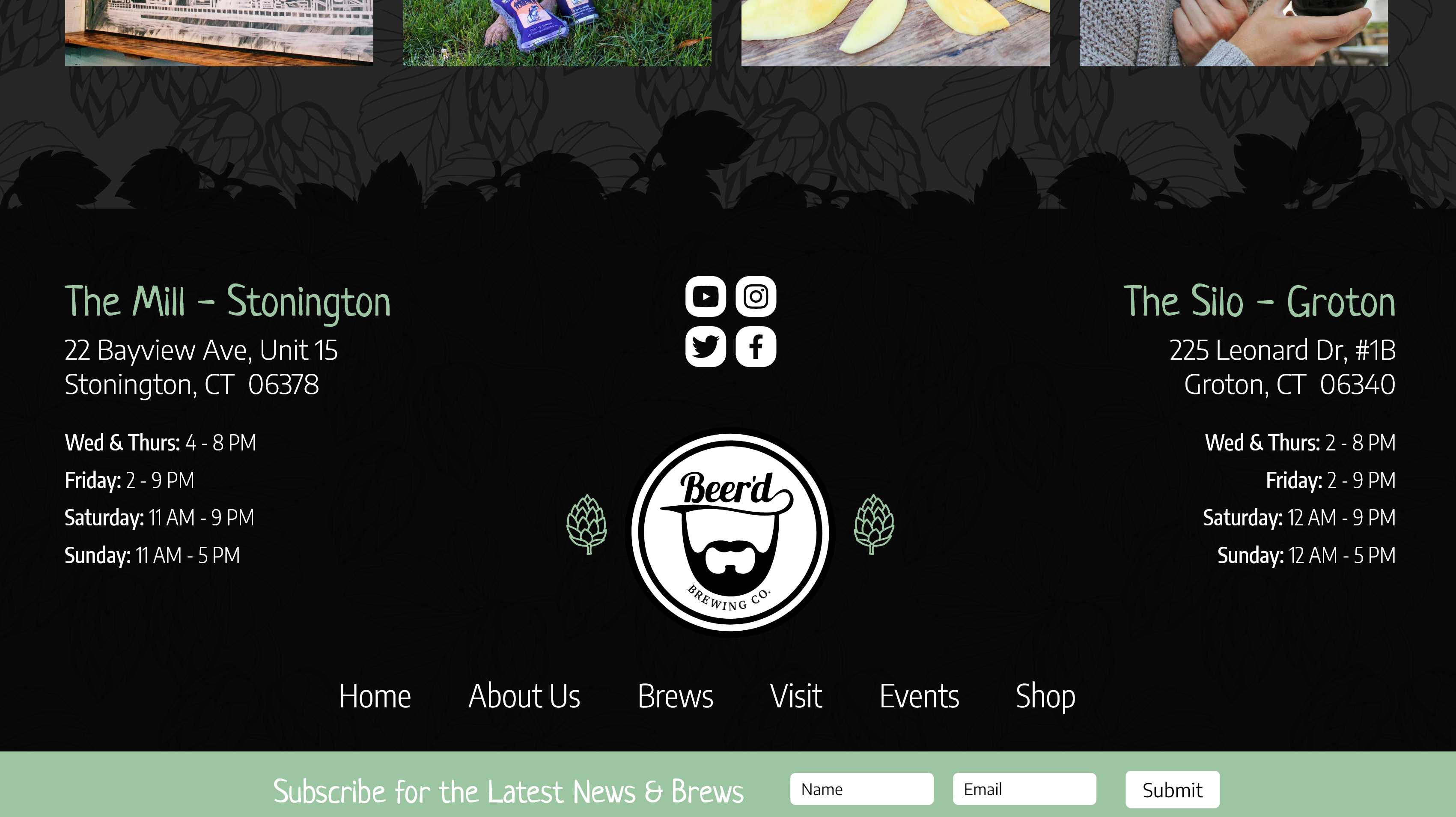 Footer section of the Beer'd Brewing website showing the logo and contact information