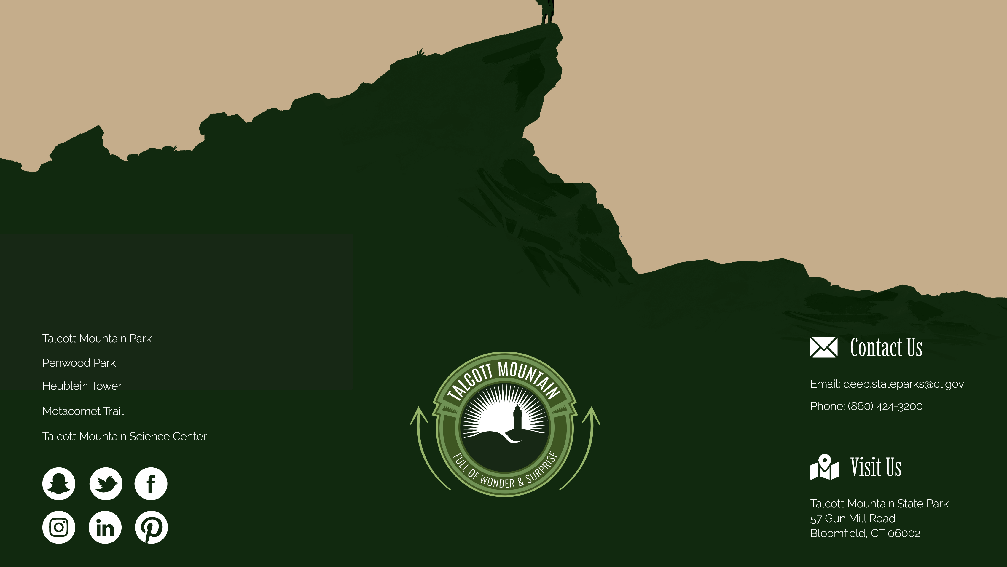 Footer section of the Talcott Mountain website showing the logo and contact information